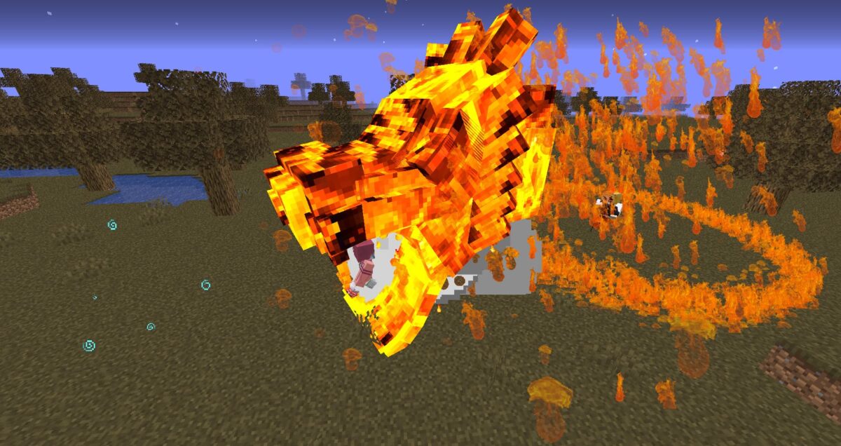 Effet visuel d'attaque Flame Tiger dans le mod Demon Slayer pour Minecraft, explosion de flammes intenses