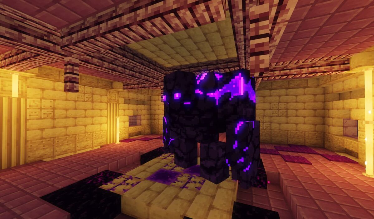 Ender Golem dans le mod L'Ender's Cataclysm pour Minecraft, boss imposant fait d'obsidienne avec des énergies du Vide