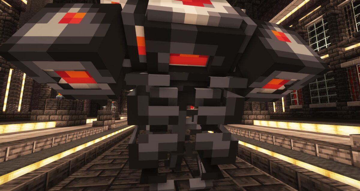 Le Harbinger dans le mod L'Ender's Cataclysm pour Minecraft, boss en deux modes d'attaque laser et missile