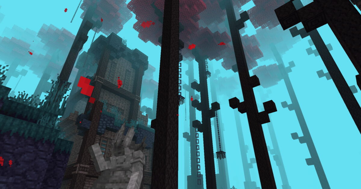 Promenade of The Condemned dans le mod Mine Cells pour Minecraft, une dimension inquiétante inspirée de Dead Cells.