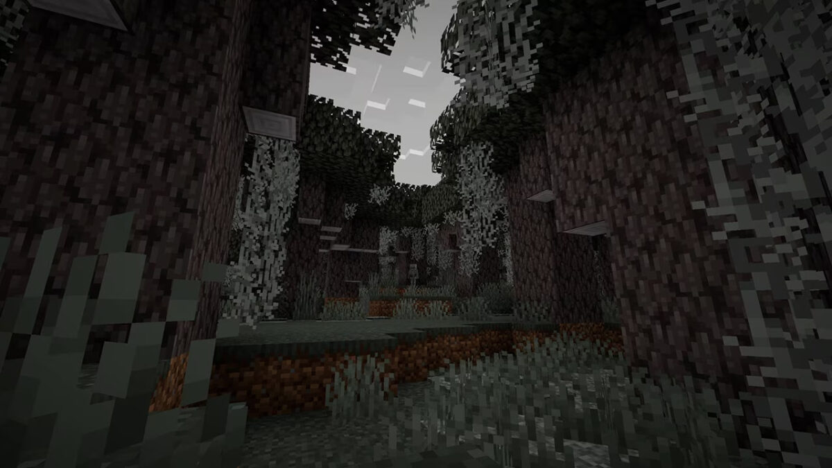 Jardin Pâle de Minecraft avec des Chênes Pâles et de la Mousse Suspendue à la tombée de la nuit