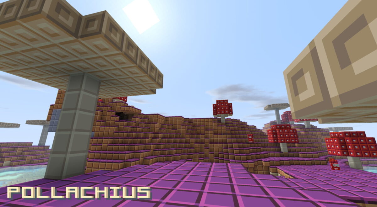 Biome de champignons stylisés et colorés avec textures simplifiées dans Minecraft avec Pollachius