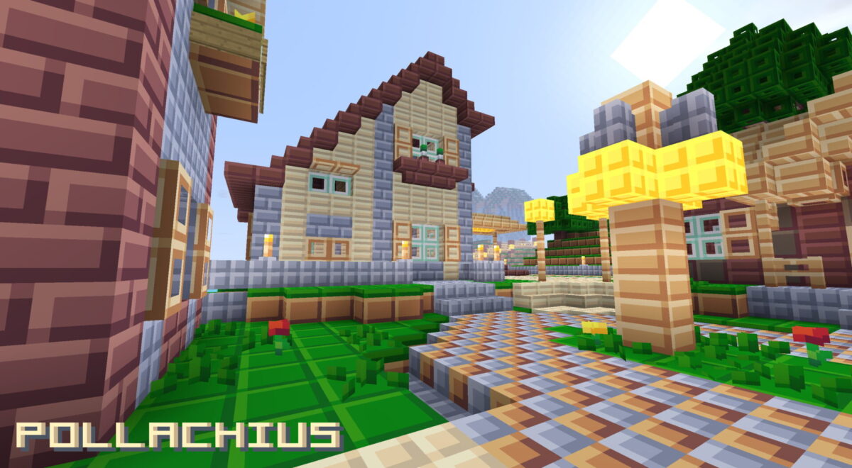 Village aux maisons carrées et textures simplifiées dans Minecraft avec le pack Pollachius