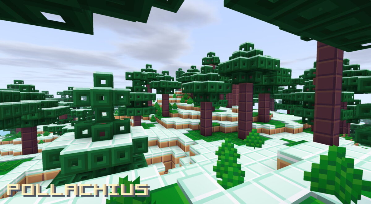 Forêt enneigée aux textures cubiques et épurées dans Minecraft avec Pollachius