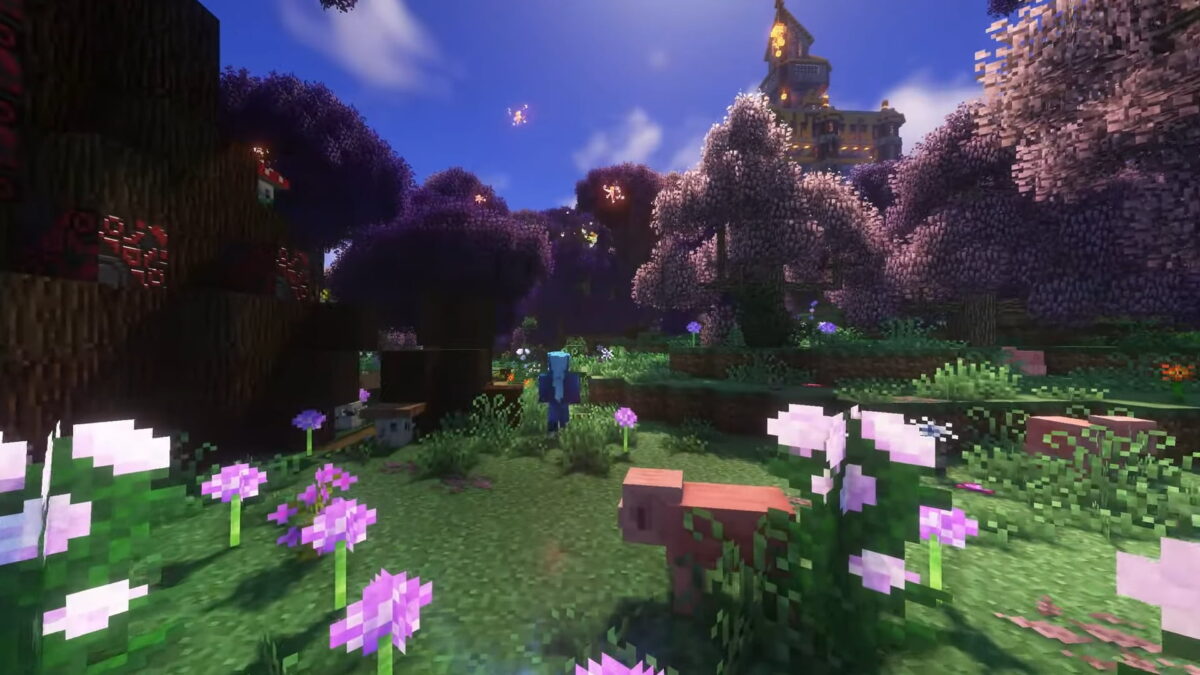 RLCraft Dregora Minecraft modpack forêt dense avec arbres géants et fleurs violettes