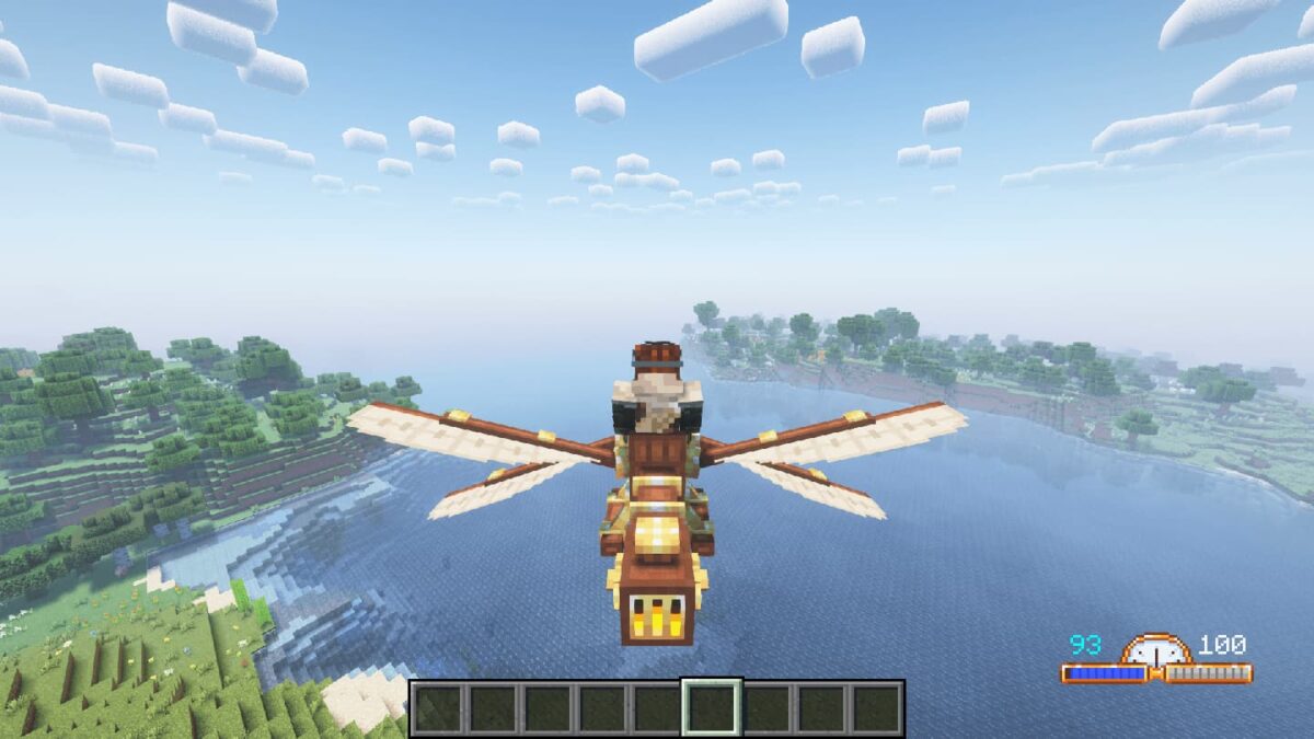  vue aérienne d'un véhicule volant steampunk dans le mod Rustic Engineer pour Minecraft