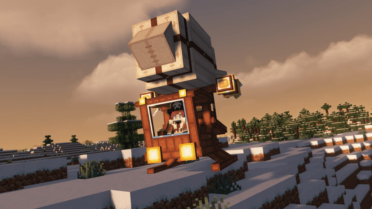 dirigeable steampunk en survol d'un paysage enneigé dans le mod Rustic Engineer pour Minecraft