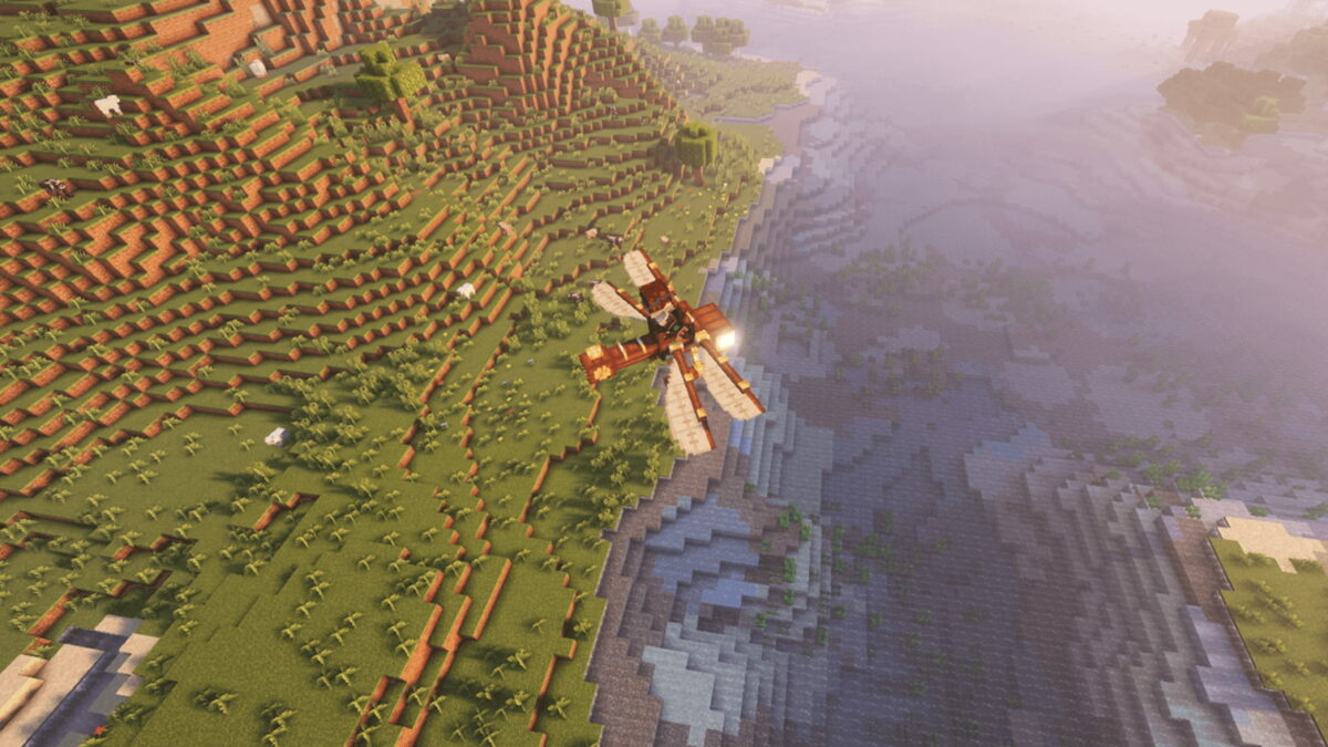 libellule mécanique survolant une plaine dans le mod Rustic Engineer pour Minecraft