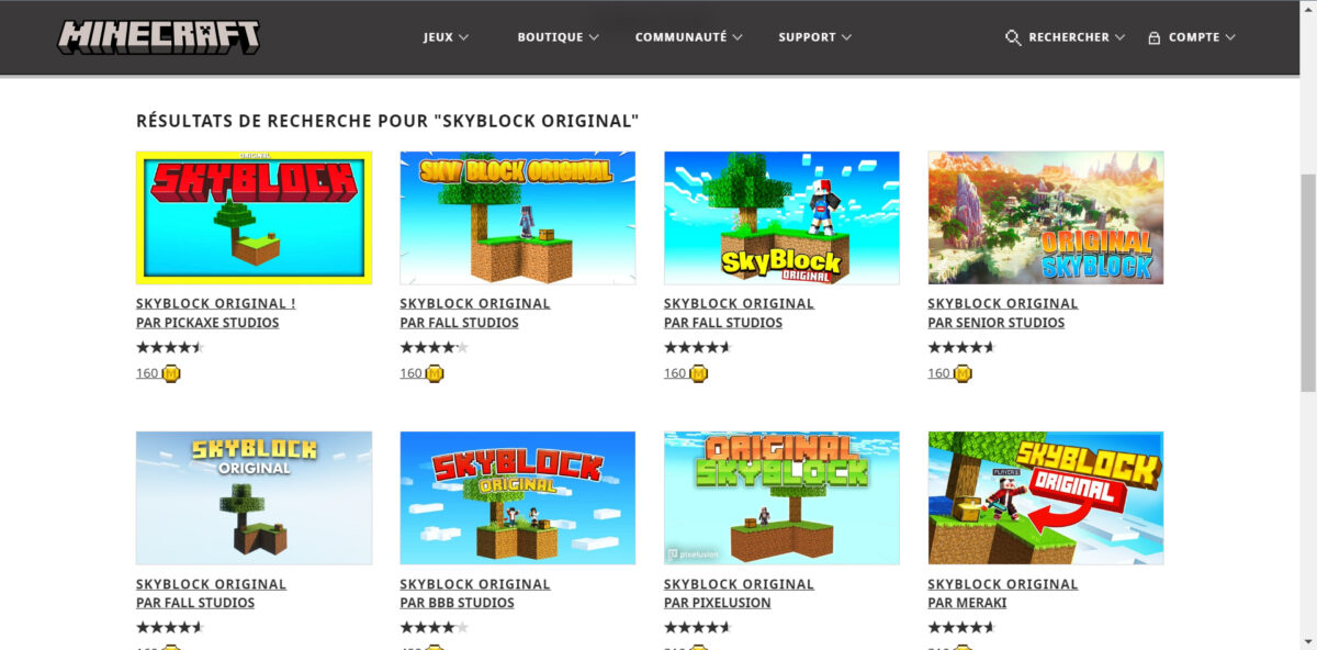 Cartes "Skyblock Original" sur la place de marché Minecraft par différents studios.