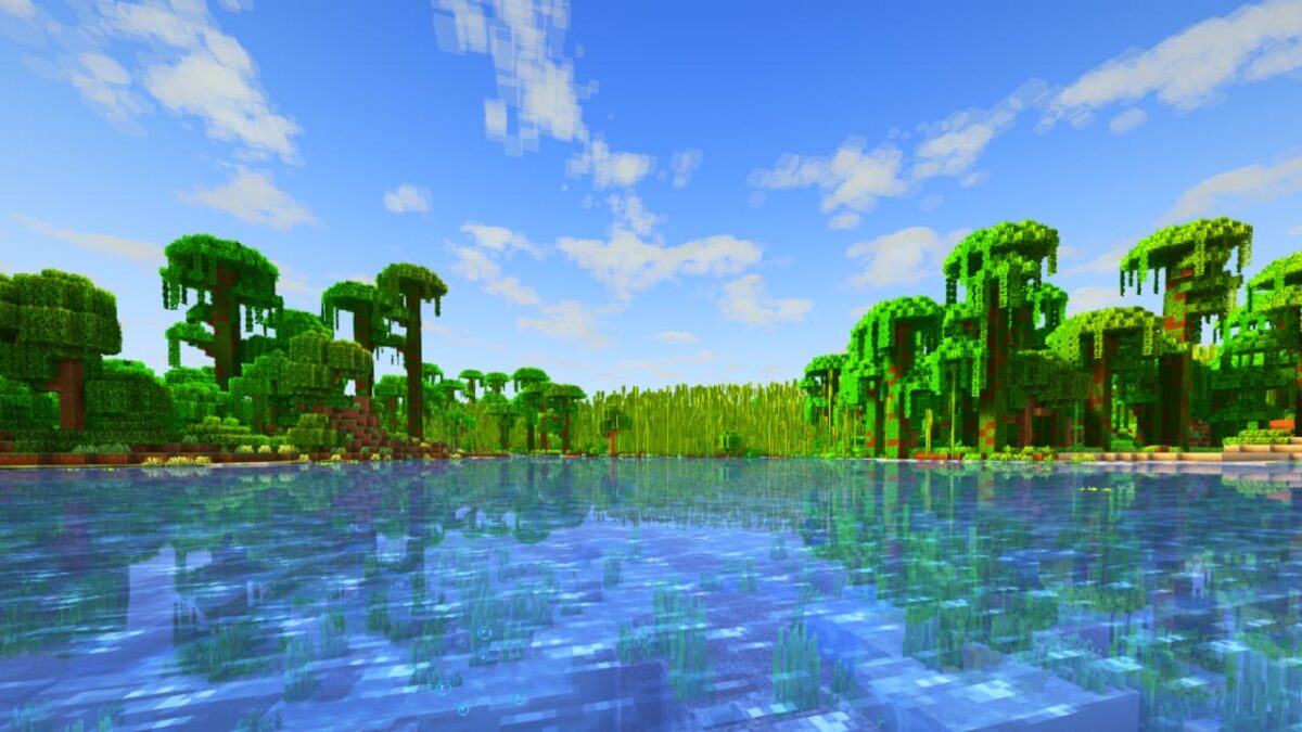 baie de bambous dans Minecraft, embellie par Aurora's Shaders avec des reflets sur l'eau et des ombres dynamiques.