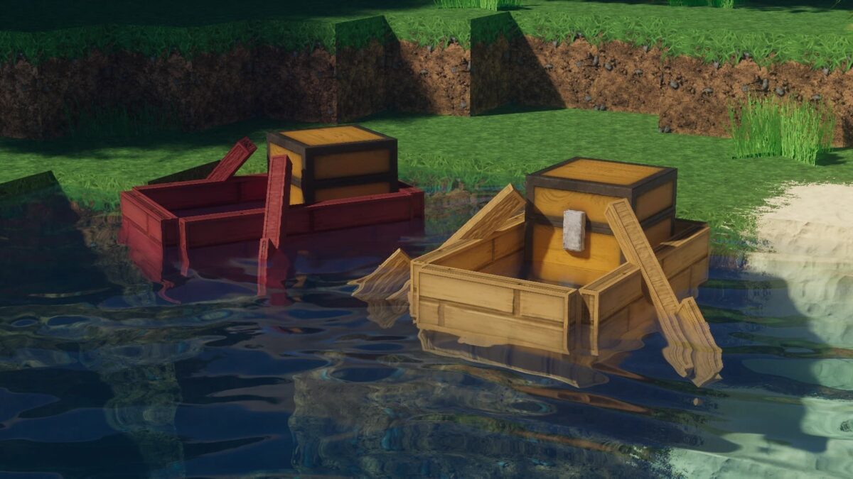 bateaux avec coffres flottant sur l’eau avec des textures en bois réalistes sous Minecraft grâce à rotrBLOCKS.