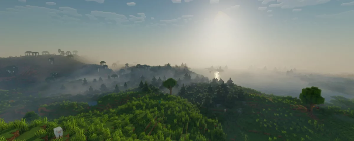 paysage naturel avec une forêt dense et brume matinale, rendu avec bloop shaders minecraft