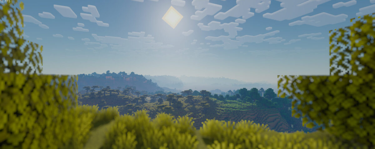 paysage vallonné avec lumière naturelle et villages au loin, bloop shaders minecraft