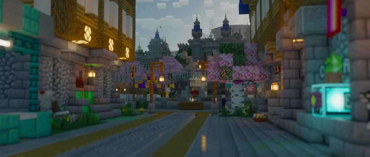 marché médiéval illuminé avec des bâtiments détaillés, rendu avec bloop shaders minecraft