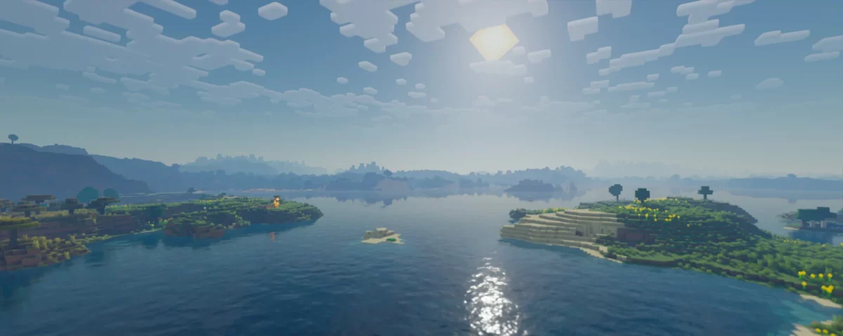 paysage côtier avec un lac reflétant le soleil, rendu avec bloop shaders minecraft