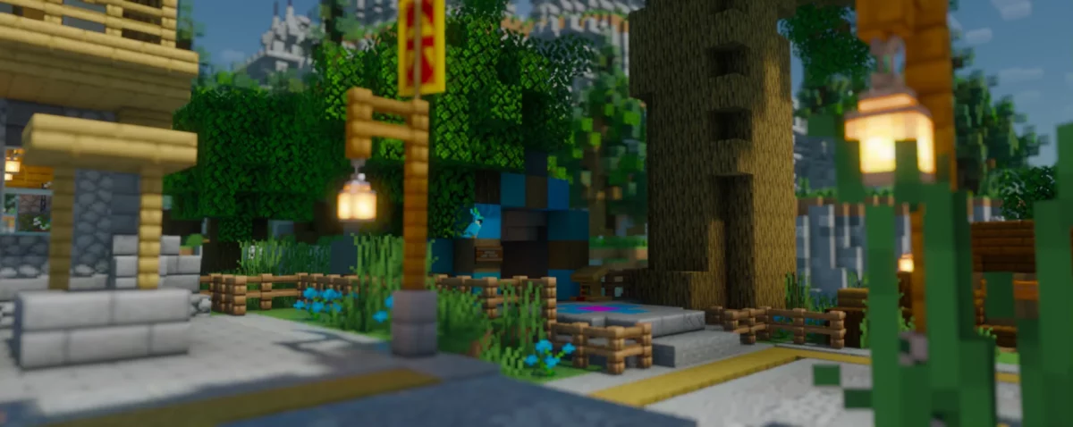 place de village avec un arbre central et des détails lumineux, bloop shaders minecraft