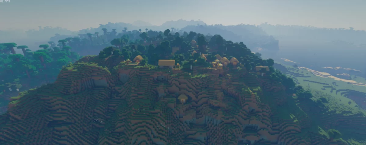 village en haut d’une colline, entouré de forêts, bloop shaders minecraft