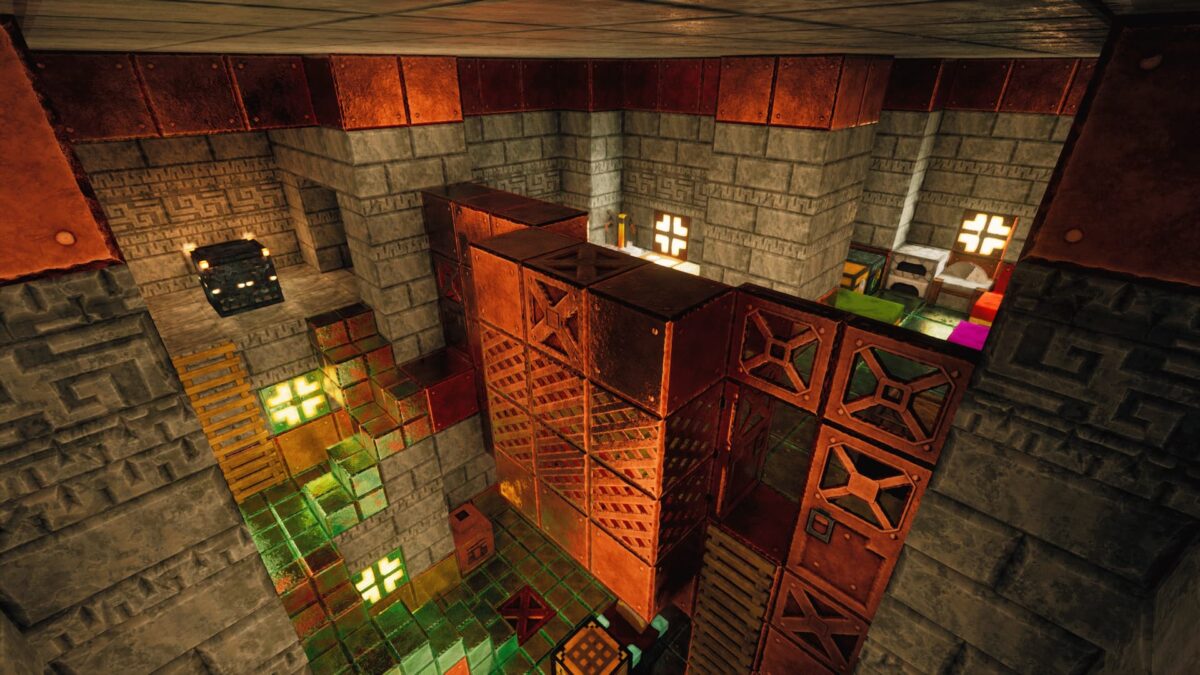 intérieur de donjon texturé avec des blocs métalliques et un spawner sous Minecraft avec le pack rotrBLOCKS.