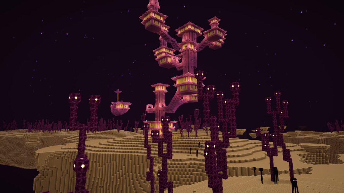 cité du End dans Minecraft, sublimée par Aurora's Shaders avec un éclairage unique mettant en valeur les structures et les plantes du End.