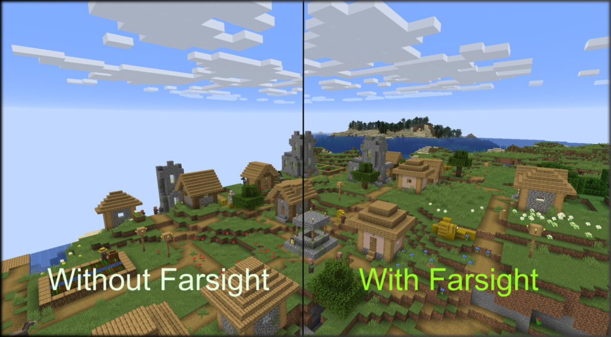 Comparaison de la vue dans Minecraft avec et sans le mod Farsight, montrant une extension de la distance de vision et des détails de paysage améliorés