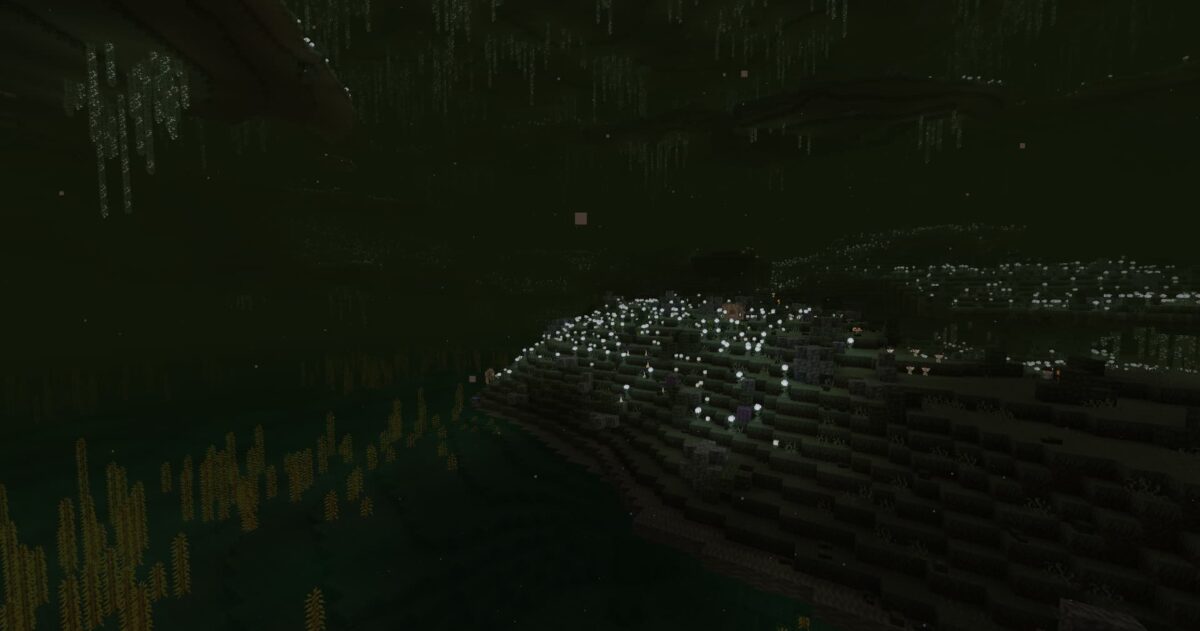 Forgotten Field dans le mod The Undergarden Minecraft, paysage mystérieux avec plantes bioluminescentes dans une atmosphère sombre et envoûtante