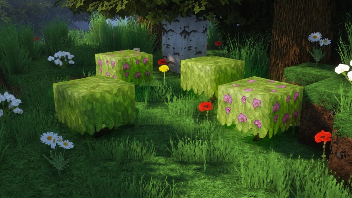 buissons fleuris dans un champ d’herbe avec des textures améliorées sous Minecraft grâce à rotrBLOCKS.