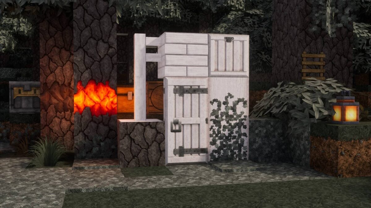 textures réalistes d’un arbre, d’une porte et de lierre dans Minecraft avec le pack de ressources rotrBLOCKS.