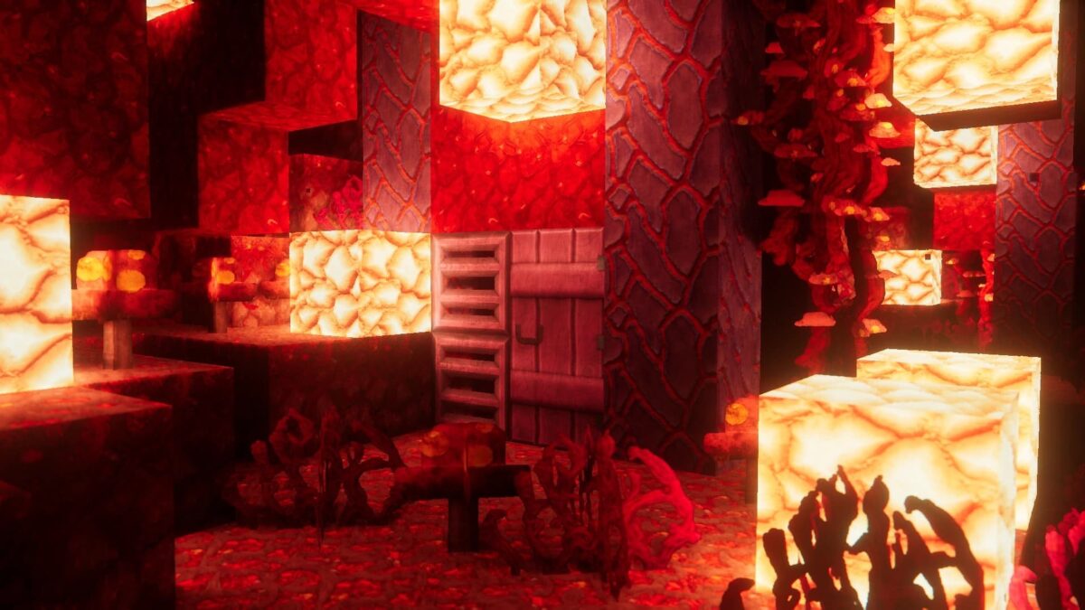 détails rouges du biome Nether avec des champignons et des blocs de texture travaillée sous Minecraft grâce à rotrBLOCKS.