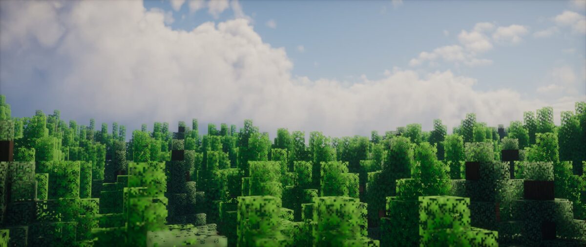 Forêt dense dans Minecraft avec shader Photon et pack Xekr Squareful + lush plants, ciel nuageux