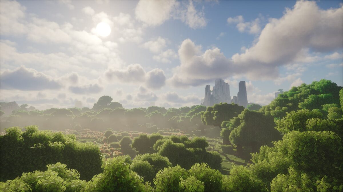 Paysage Minecraft verdoyant avec effet de brume au lever du soleil, rendu par le shader Photon avec le pack de texture Stay True