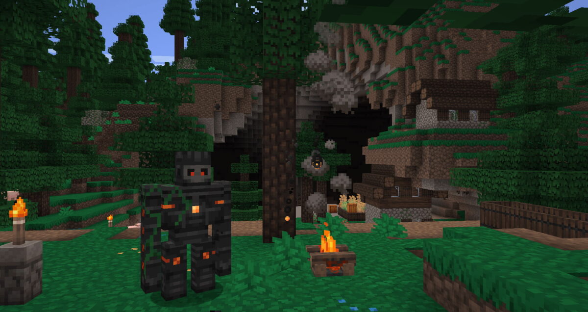 golem de pierre et feuillage entouré de végétation et de feu de camp, pack de textures Pixel Perfection Legacy pour Minecraft