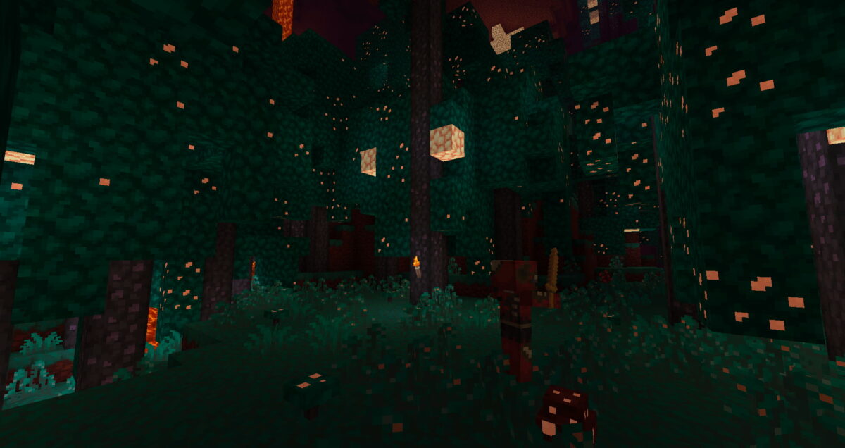 forêt obscure avec champignons luminescents et guerrier en armure, pack de textures Pixel Perfection Legacy pour Minecraft