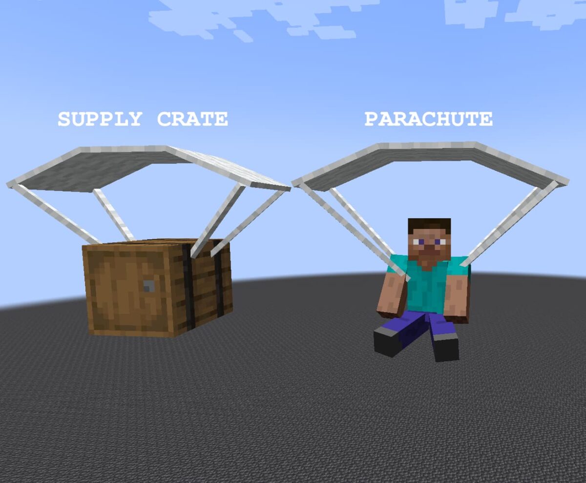 supply crate et parachute dans le mod Simple Planes pour Minecraft, montrant des éléments de largage aérien et de sécurité pour les joueurs