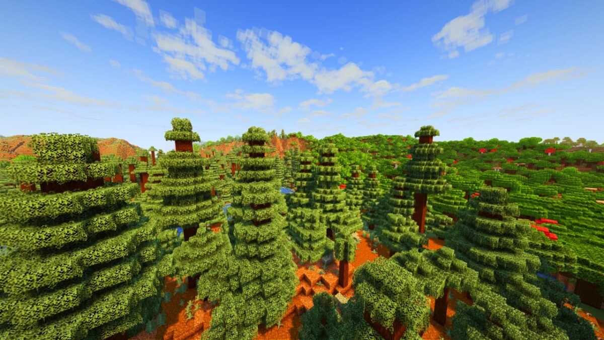 forêt de taïga ancienne dans Minecraft, sublimée par Aurora's Shaders avec une profondeur visuelle et des ombres réalistes.