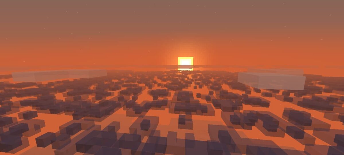 Ciel couvert de pollution au carbone au coucher du soleil dans le mod Pollution of the Realms pour Minecraft