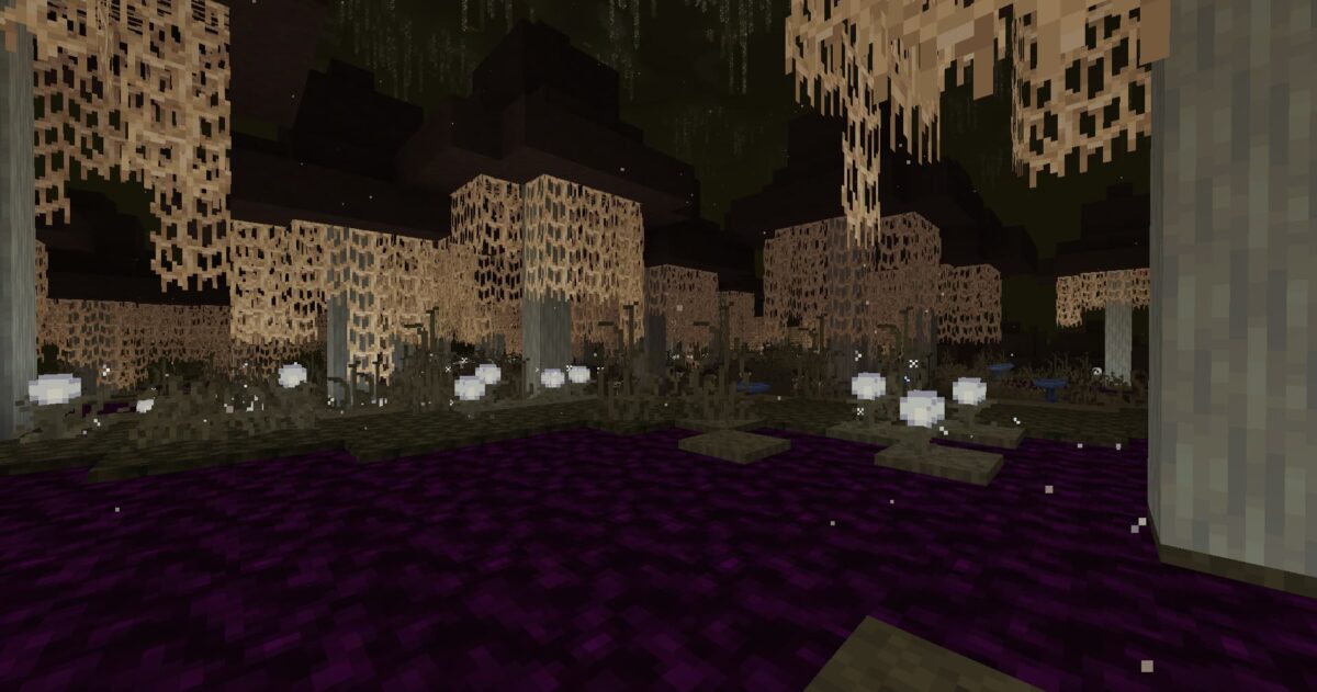 Marécage de champignons Veil dans le mod The Undergarden Minecraft, champignons géants et eau sombre dans un paysage de marécage