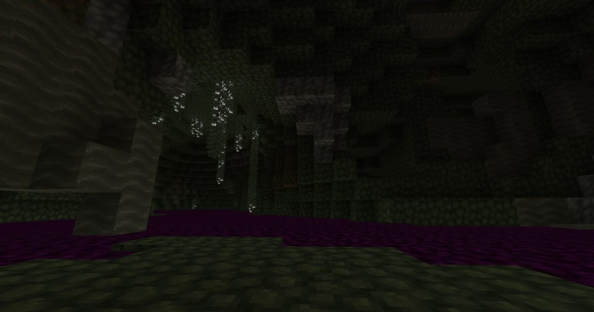 Grottes Virulent Mix dans le mod The Undergarden Minecraft, cavernes mystérieuses avec rivière de liquide violet