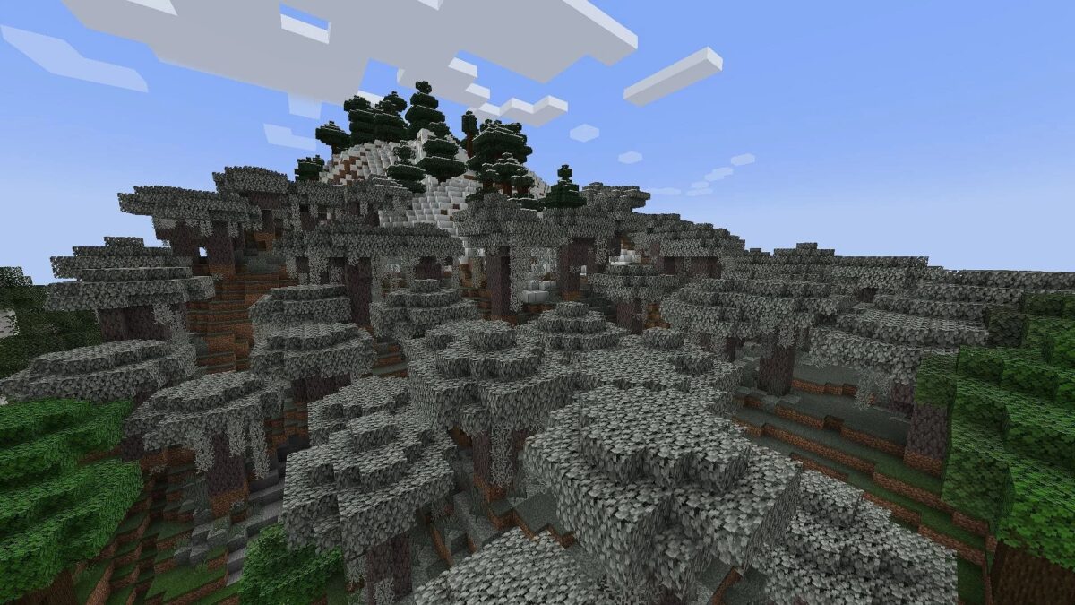 Forêt dense de Chênes Pâles dans Minecraft 1.21.4 Pale Garden, idéale pour récolter du bois et découvrir des reliefs variés