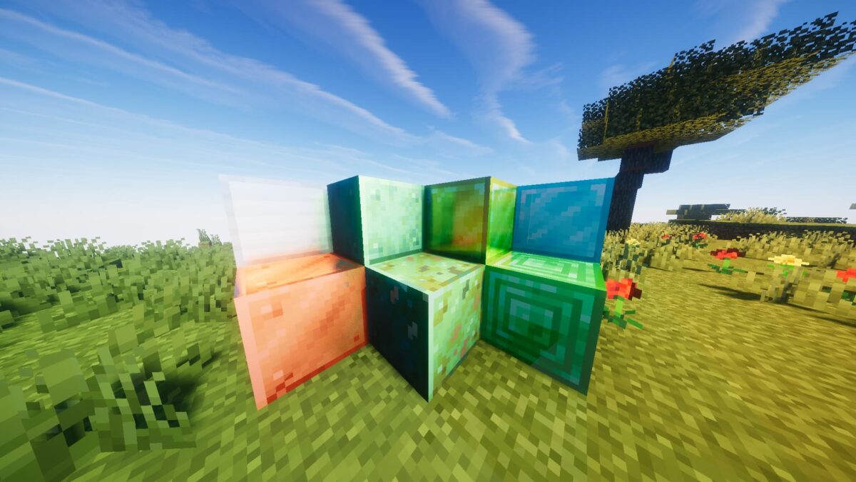 blocs réfléchissants et illuminés dans un environnement champêtre avec le shader Ebin Resurrected sur Minecraft