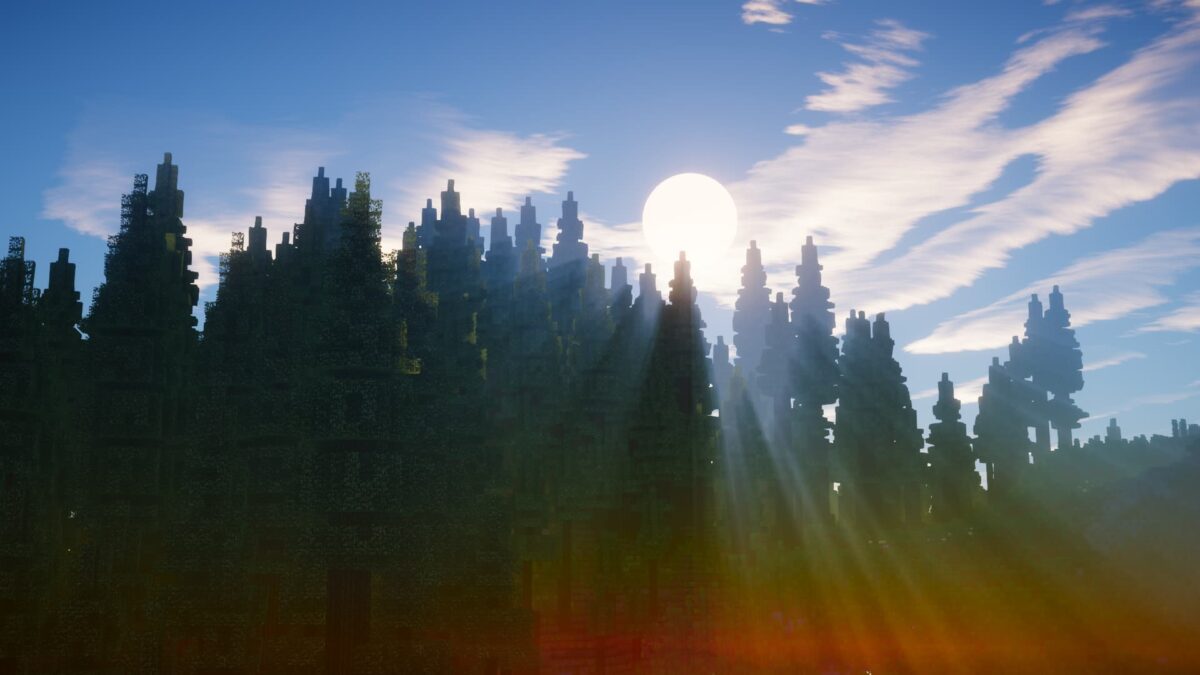 lumière du soleil traversant une forêt dense sous le shader Ebin Resurrected pour Minecraft