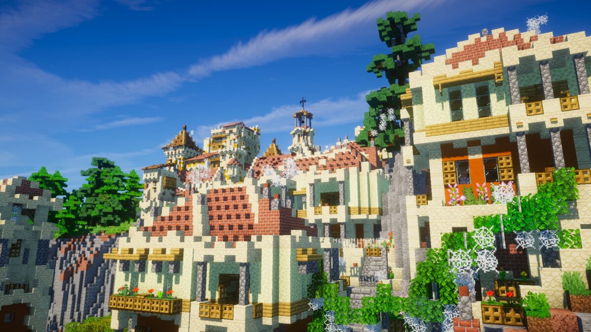 village montagneux ensoleillé avec des détails architecturaux et floraux, utilisant Ebin Resurrected pour Minecraft