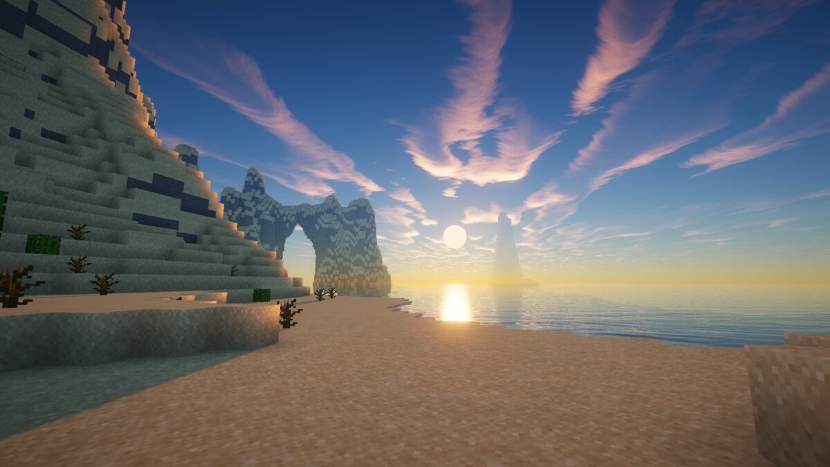 plage désertique avec formations rocheuses et shader Ebin Resurrected pour Minecraft