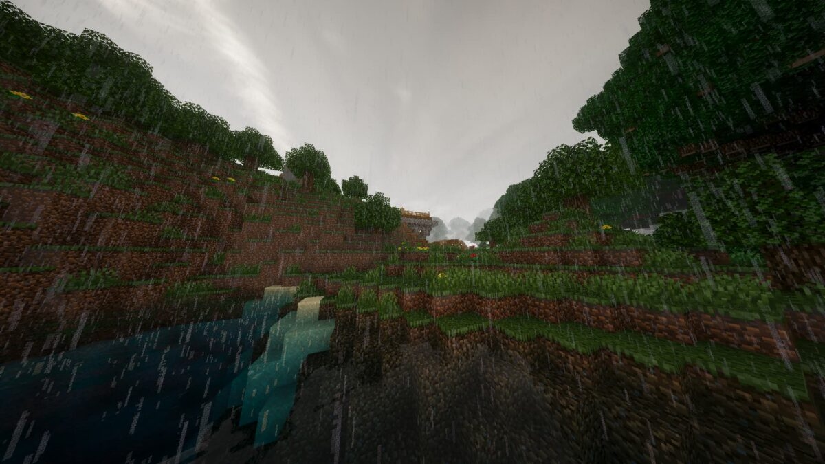 paysage pluvieux et ruisseau traversant une colline avec shader Ebin Resurrected pour Minecraft.