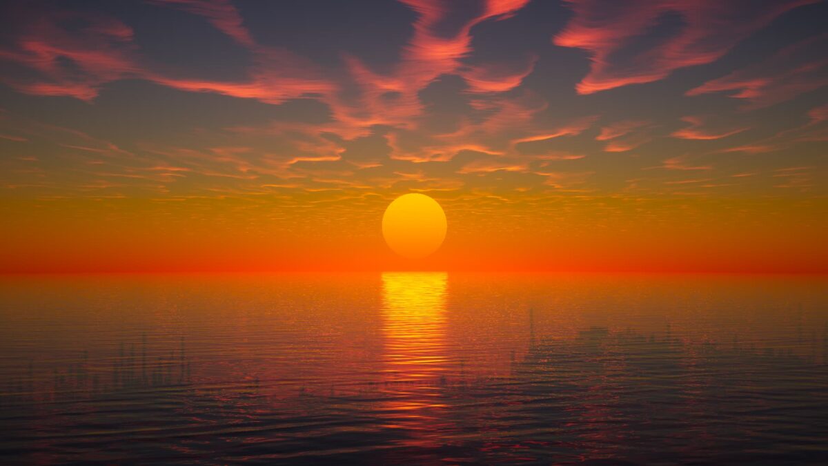 coucher de soleil vibrant sur l'océan avec le shader Ebin Resurrected pour Minecraft.