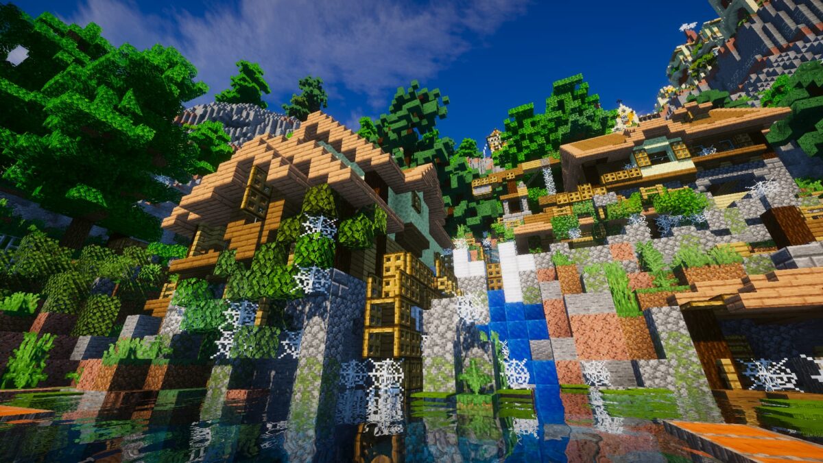 maisons en bois sur une colline verdoyante avec cascade et shader Ebin Resurrected pour Minecraft