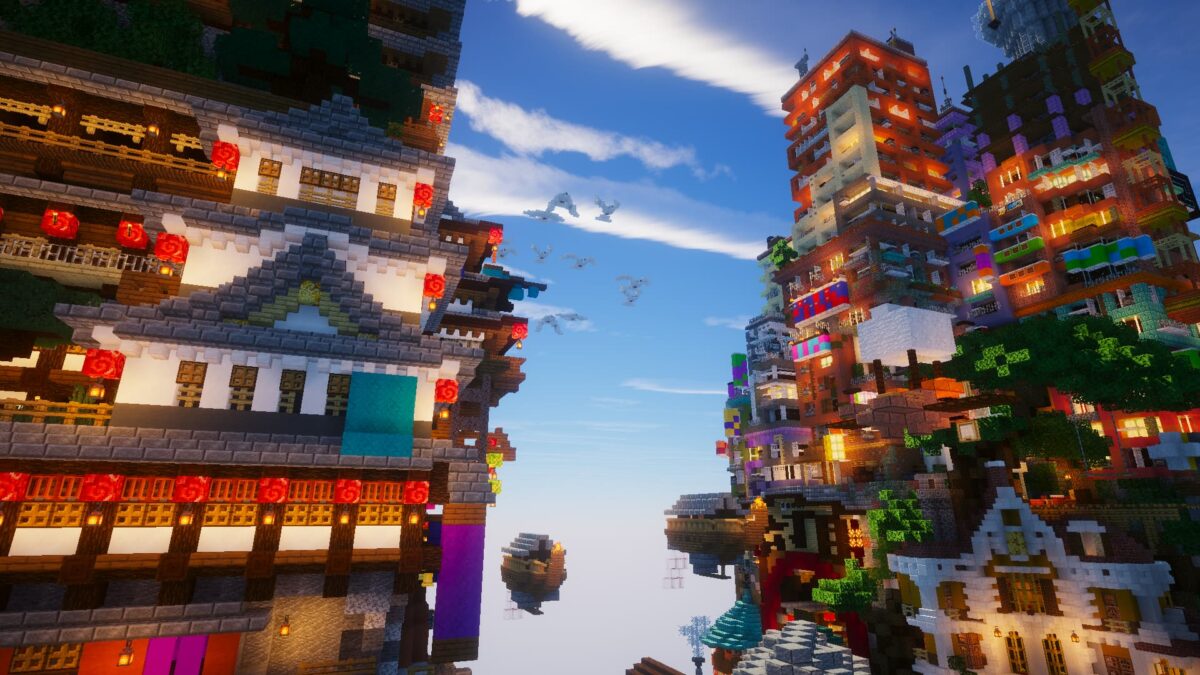 architecture détaillée et éclairages colorés dans un village flottant avec Ebin Resurrected sur Minecraft.