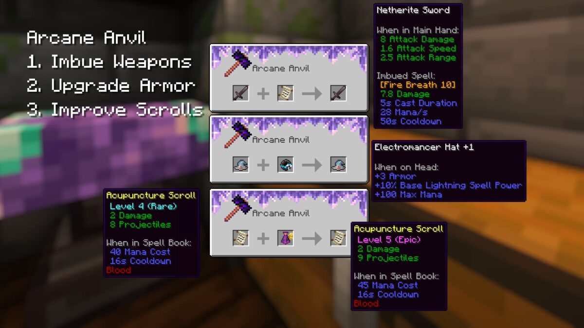 enclume arcanique irons’s spells 'n spellbooks minecraft pour améliorer armes, armures et parchemins