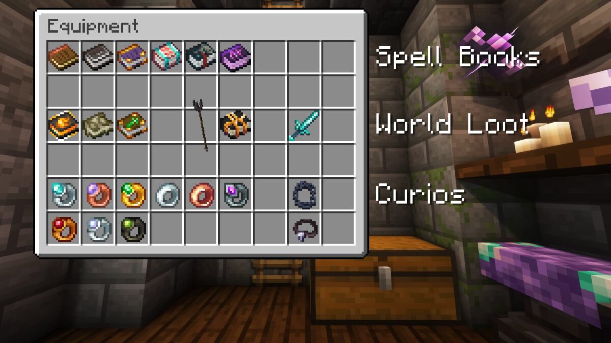 équipements magiques dans irons’s spells 'n spellbooks minecraft comprenant livres de sorts, armes et curios