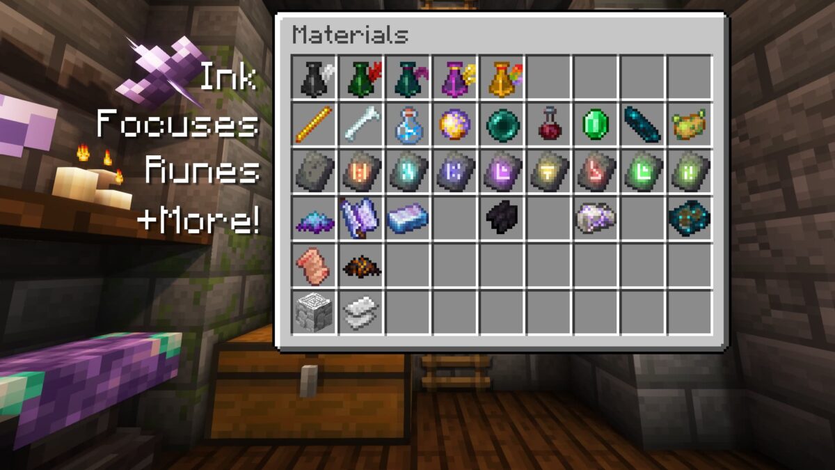 matériaux magiques dans irons’s spells 'n spellbooks minecraft incluant encres, runes et ingrédients d’artisanat