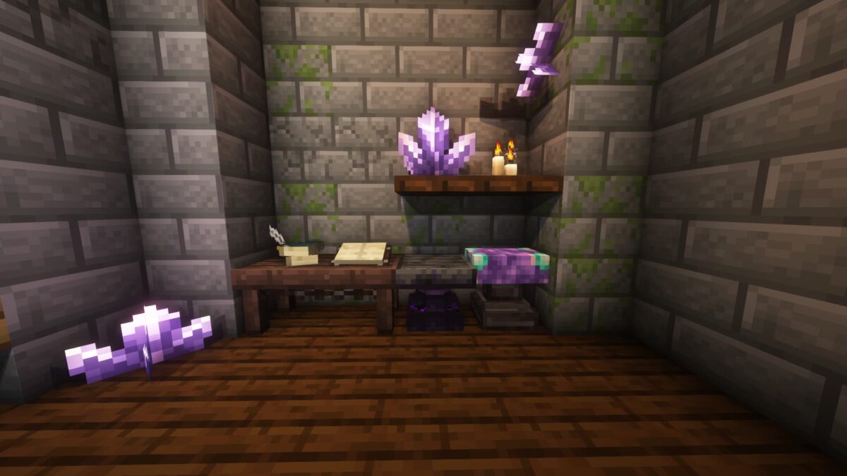 station magique dans irons’s spells 'n spellbooks minecraft avec cristaux et outils magiques